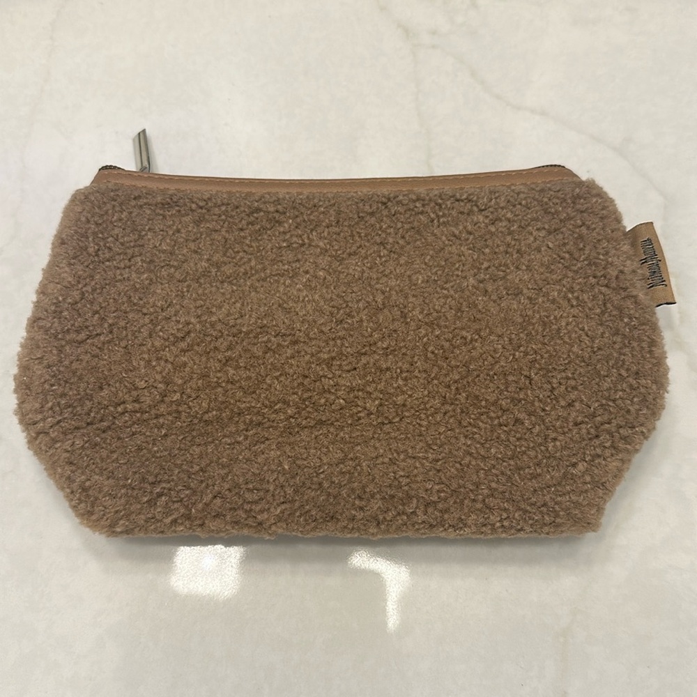 New/ unused. Neiman Marcus. Tan boucle makeup bag.